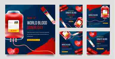 Bezpłatny wektor realistyczna kolekcja postów na instagramie z okazji dnia krwiodawcy na świecie