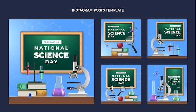 Bezpłatny wektor realistyczna kolekcja postów na instagramie z okazji dnia nauki