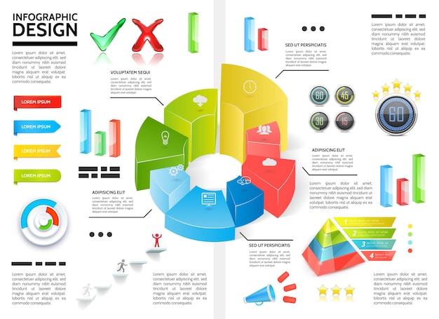 Realistyczna Kolorowa Infografika Z Diagramami Okręgu Wykresy Piramidy Wstążki Znaczniki Wyboru Słupki Megafon Biznes Ikony Ilustracja