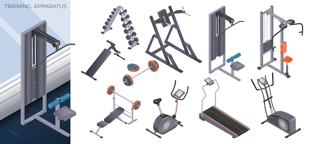 Bezpłatny wektor realistyczna kompozycja aparatury treningowej z różnymi urządzeniami do ilustracji wektorowych na białym tle siłowni