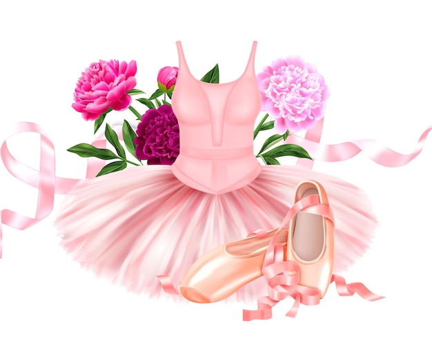 Realistyczna Kompozycja Baletowa Z Pięknymi Różowymi Butami Baleriny Z Satynowymi Wstążkami I Ilustracją Wektorową Piwonii