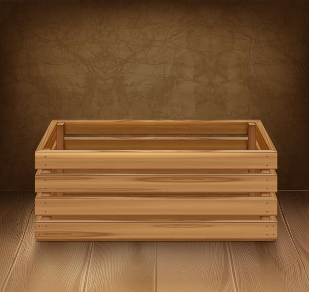 Realistyczna kompozycja drewnianych pudełek z wewnętrzną scenerią i skrzynką wykonaną z drewnianych palet stojących na ilustracji wektorowych na ścianie