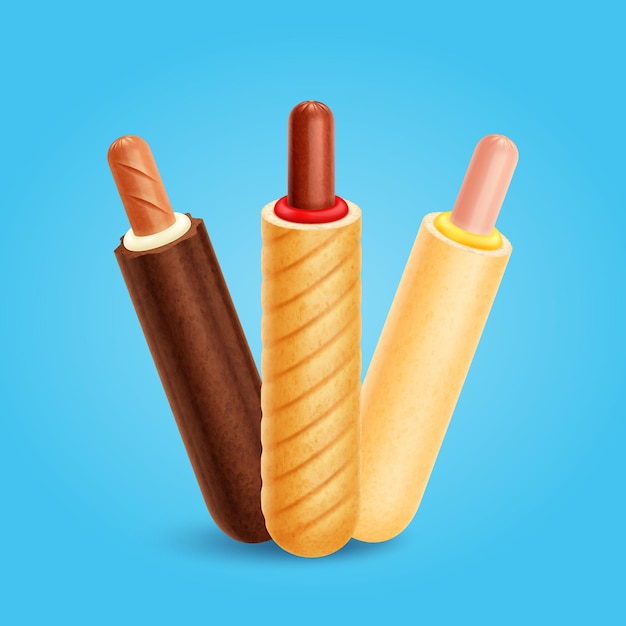 Bezpłatny wektor realistyczna kompozycja francuskiego hot doga z zestawem trzech hot-dogów wykonanych z różnych ilustracji wektorowych chleba i kiełbasy