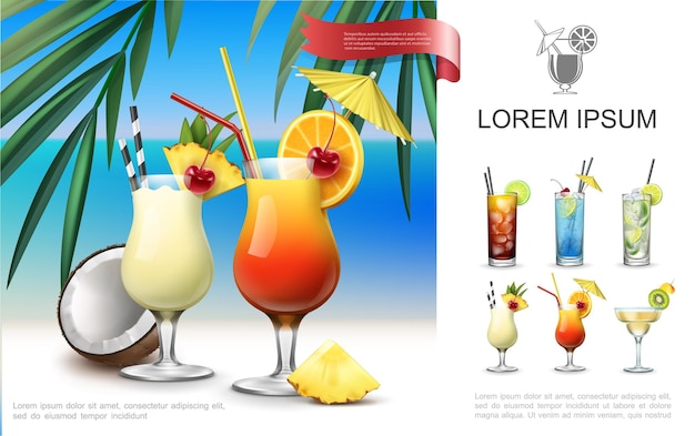 Realistyczna kompozycja imprezy na plaży z pina colada tequila sunrise blue lagoon martini margarita mojito koktajle na ilustracji krajobraz morza