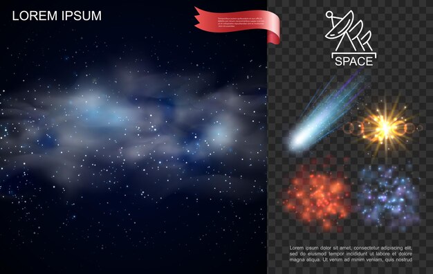 Realistyczna kompozycja kosmosu z gwiazdami, niebieską mgławicą spadającą kometą, blaskiem i efektami słonecznymi