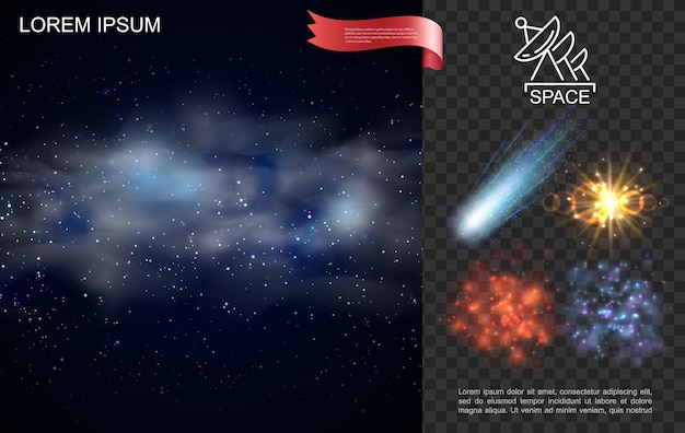 Realistyczna kompozycja kosmosu z gwiazdami, niebieską mgławicą spadającą kometą, blaskiem i efektami słonecznymi