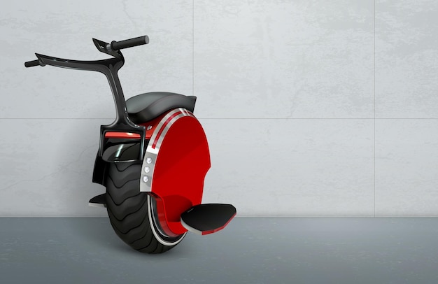 Bezpłatny wektor realistyczna kompozycja monowheel z obrazem 3d samego monocykla przy ścianie z kierownicą pedał z ilustracją wektorową cieni