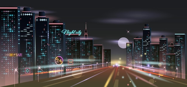 Realistyczna kompozycja nocnego miasta z widokiem w tle nocnego pejzażu miejskiego z drapaczami chmur na autostradzie i ilustracji wektorowych świecących świateł
