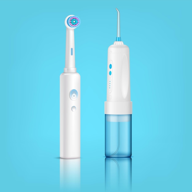 Bezpłatny wektor realistyczna kompozycja pielęgnacji zębów z izolowaną elektryczną szczoteczką do zębów i irygatorem wodnym na niebieskim szklistym tle ilustracji wektorowych