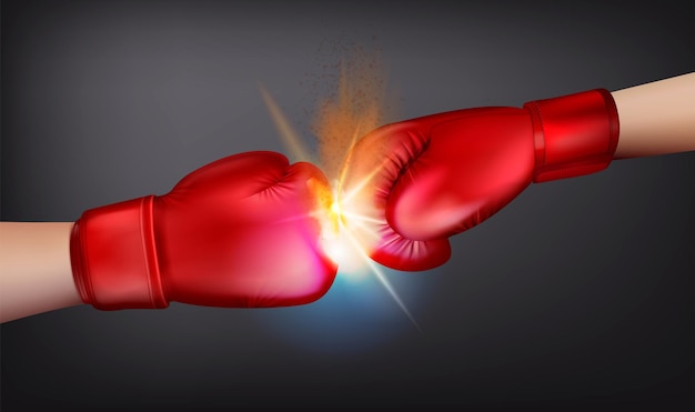 Bezpłatny wektor realistyczna kompozycja rękawic bokserskich z widokiem dwóch uderzających dłoni w rękawiczkach z ilustracją wektora błyszczącego wybuchu światła