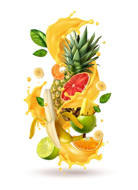 Realistyczna kompozycja soku rozchlapywanego soku ftuiys ze zdjęciami w sprayu i dojrzałymi owocami tropikalnymi na pustym miejscu