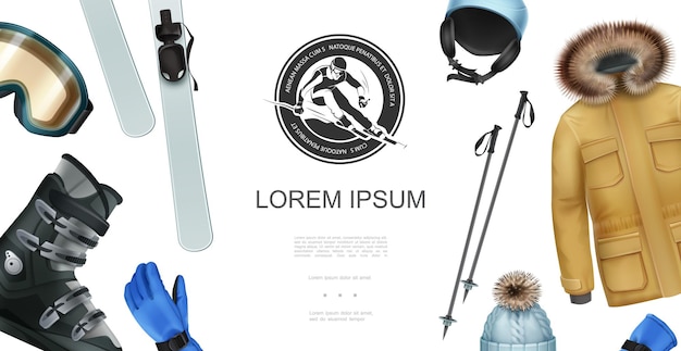 Bezpłatny wektor realistyczna koncepcja sportów zimowych z kurtką rękawiczką kapelusz kije narciarskie buty snowboardowe okulary kask narciarz etykieta ilustracja