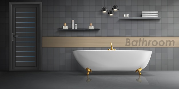 realistyczna makieta wnętrza łazienki z dużą białą ceramiczną wanną, złoty metalowy kran