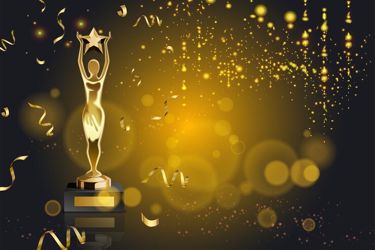 Bezpłatny plik Wektor realistyczna nagroda ze światłami, złotym konfetti i trofeum z figurką trzymającą gwiazdę ilustracji