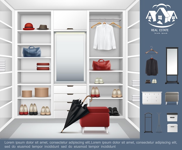 Realistyczna nowoczesna koncepcja garderoby z półkami, szufladami pełnymi męskich i damskich akcesoriów odzieżowych oraz ilustracji elementów wnętrza szatni