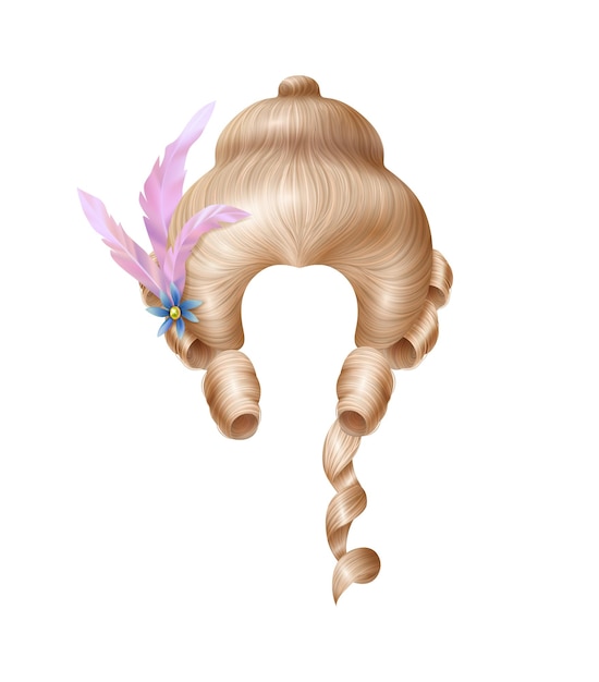 Realistyczna rokokowa peruka damska w stylu vintage z izolowanym obrazem kędzierzawych włosów z ilustracją wektorową kwiatów i piór
