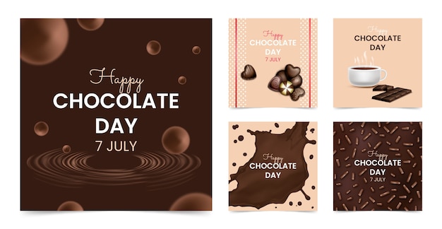 Bezpłatny wektor realistyczna światowa kolekcja postów na instagramie z okazji dnia czekolady