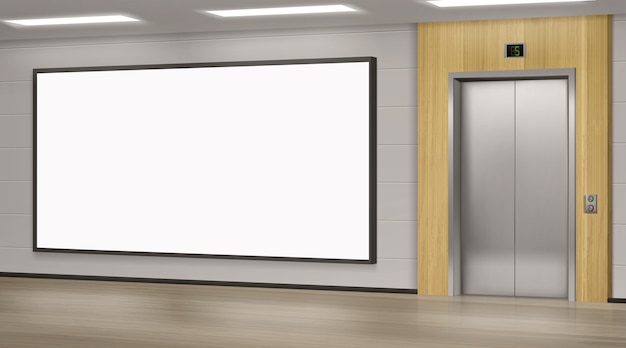 Realistyczna winda z zamkniętymi drzwiami i ekranem plakatu reklamowego na ścianie, makieta widoku perspektywicznego. Biuro lub nowoczesny korytarz hotelowy, puste wnętrze holu z windą i pustym wyświetlaczem, ilustracja 3d