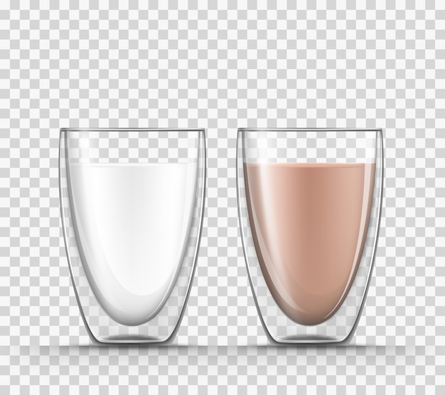 Bezpłatny wektor realistyczne 3d ilustracja mleka i kakao w szklanych kubkach z podwójnymi ścianami na białym tle.