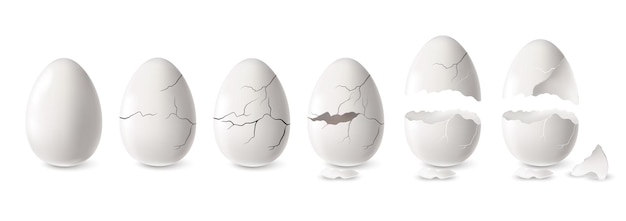 Realistyczne białe pęknięte i otwarte jajko zestaw ilustracji wektorowych na białym tle