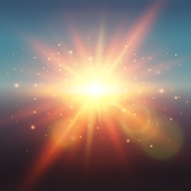 Realistyczne blask wiosennego słońca o wschodzie lub zachodzie słońca z flarami obiektywu i ilustracji wektorowych cząstek