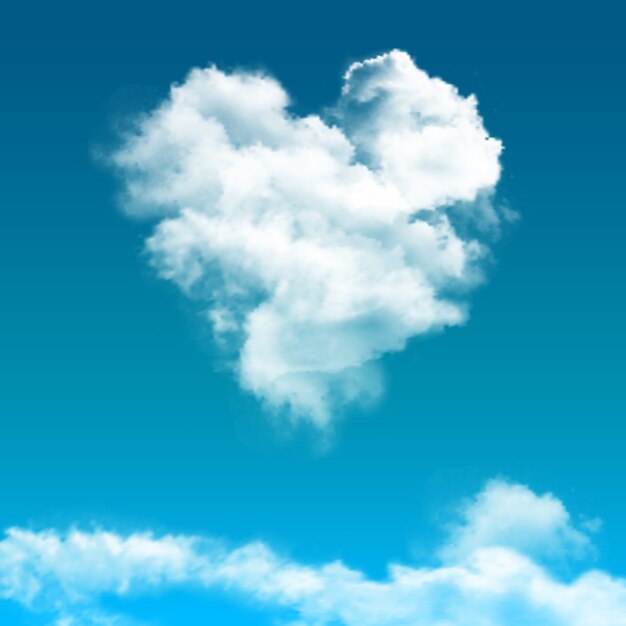 Realistyczne błękitne niebo z kompozycją chmur z chmurą wygląda jak serce w środku