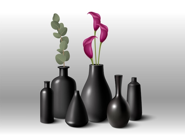 Realistyczne czarne ceramiczne wazony porcelanowe o różnym kształcie do wystroju wnętrz na szarym tle gradientu ilustracji wektorowych