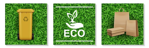 Bezpłatny wektor realistyczne elementy ekologii i przyrody z plastikowym koszem na śmieci do recyklingu ręki trzymającej logo rośliny