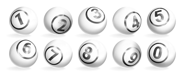 Realistyczne ilustracja wektorowa lotto białych kulek z szarymi liczbami. błyszczące kule loterii hazardowych. sport rekreacyjny gra, bilard lub bilard piłka bingo na białym tle.