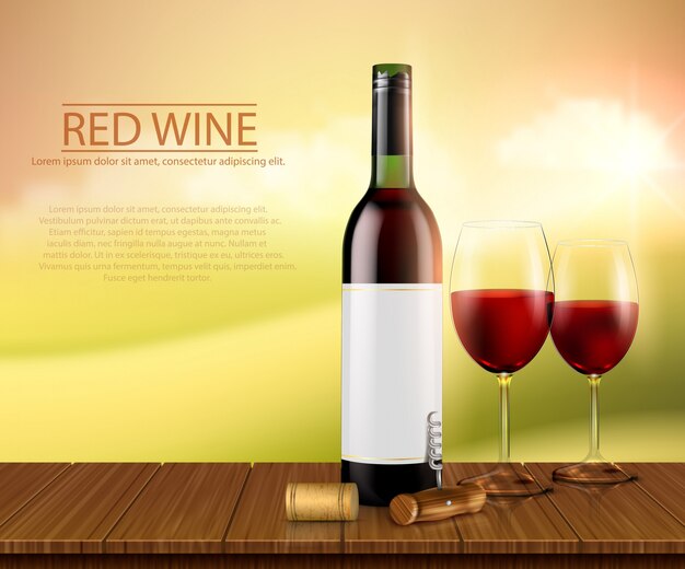 Realistyczne ilustracji wektorowych, plakat z butelki wina szkła i okulary z czerwonego wina