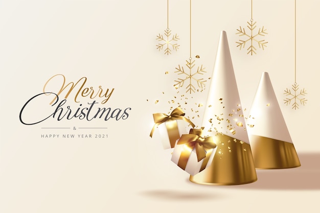 Realistyczne kartki świąteczne i noworoczne ze złotymi drzewami, prezentami i płatkami śniegu
