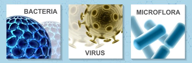 Realistyczne kolorowe karty mikrobiologii z wirusami zarazki i bakterie ilustracja na białym tle