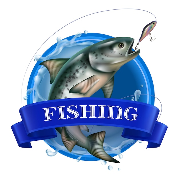 Realistyczne Kolorowe Logo Wędkarstwa Z Rybą Przynętą Na Morskim Okręgu Premium Wektorów