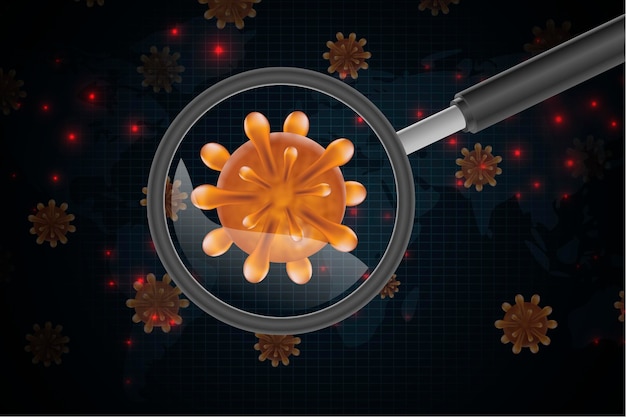 Realistyczne komórki koronawirusa wyglądają przez tło szkła powiększającego