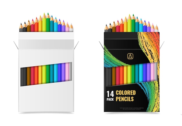 Realistyczne multi kolorowe ołówki w otwartym pustym i czarnym z wzorami na białym tle ilustracji