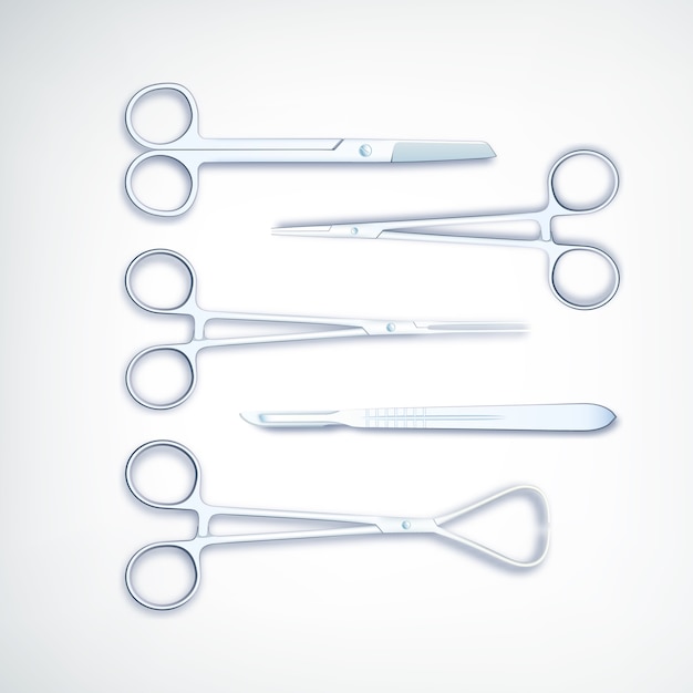 Realistyczne narzędzia medyczne zestaw z metalowymi nożyczkami skalpel i pincetą na białym tle