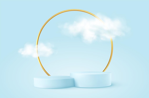 Realistyczne niebieskie podium produktu ze złotym okrągłym łukiem i chmurami