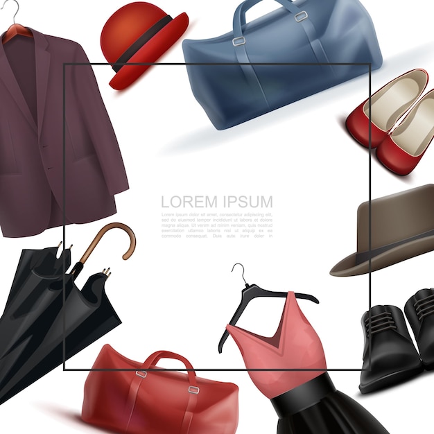 Realistyczne nowoczesne elementy garderoby szablon z miejscem na torby tekstowe buty męskie i damskie sukienka na wieszaku kapelusze fedora kurtka parasol