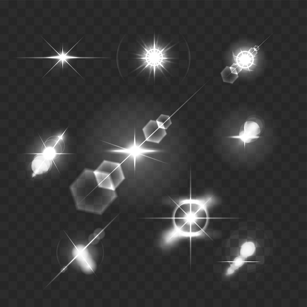 Realistyczne rozbłyski obiektywu światła gwiazd i świecące białe elementy na przezroczystej ilustracji