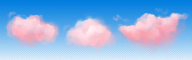 Bezpłatny wektor realistyczne różowe chmury na przezroczystym tle błękitnego nieba ilustracja wektorowa abstrakcyjnego lekkiego dymu latającego w powietrzu niebiański krajobraz chmur podczas magicznej godziny letniego zachodu słońca bajkowy projekt panoramy