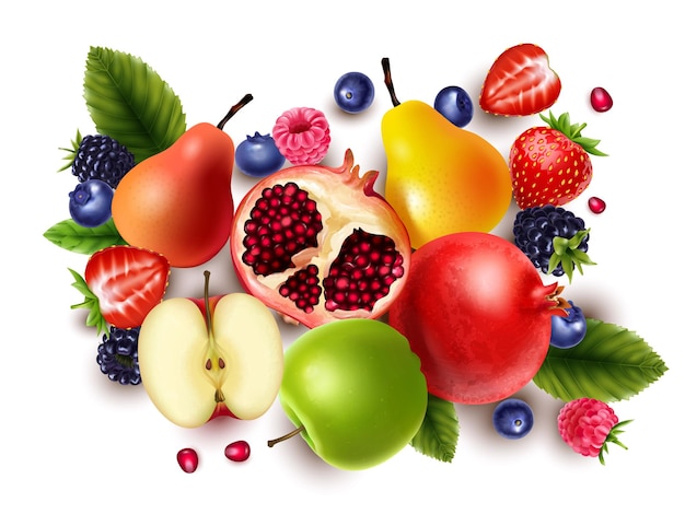 Bezpłatny wektor realistyczne świeże owoce i jagody widok z góry z jabłkiem granat truskawka gruszka jagoda jeżyna malina ilustracji wektorowych