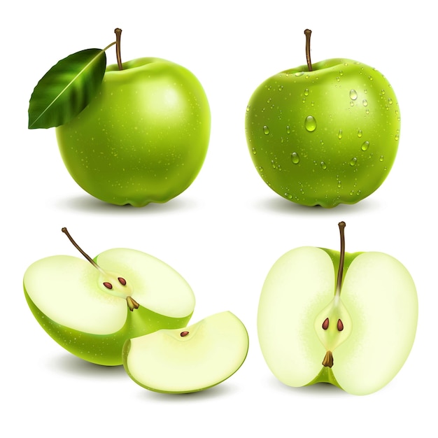 Realistyczne świeże zielone jabłko z całymi i pokrojonymi owocami z liśćmi i kroplami wody na białym tle ilustracji wektorowych