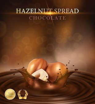 Realistyczne tło wektor tło z orzechów laskowych splash czekoladowej nutelli z orzechami
