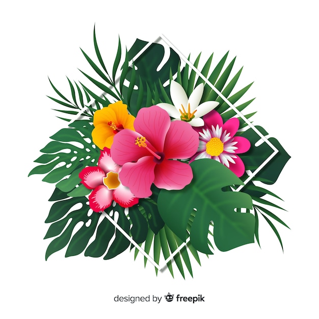 Bezpłatny wektor realistyczne tropikalne kwiaty i liście