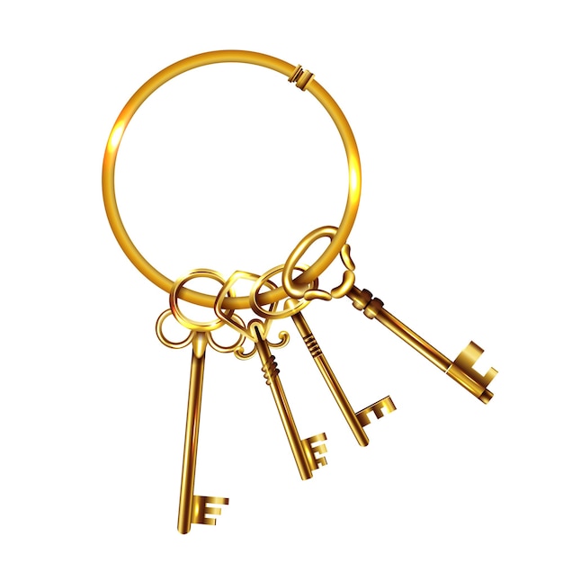 Bezpłatny wektor realistyczne vintage klucze grono skład cztery złote klucze na pierścieniu na białym tle ilustracji wektorowych
