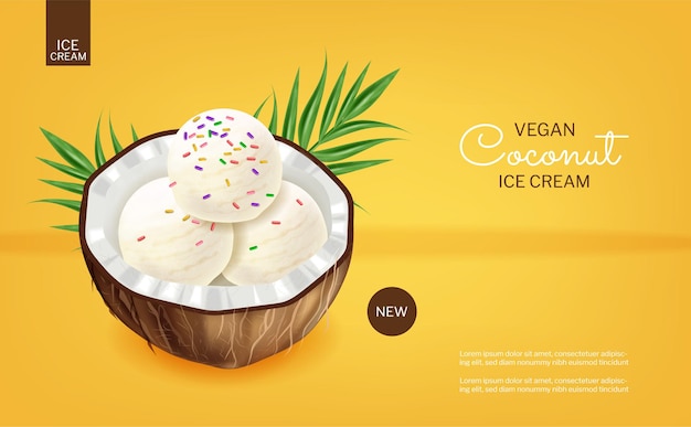 Realistyczne wektor lody kokosowe. Lokowanie produktu. Zdrowe pyszne desery