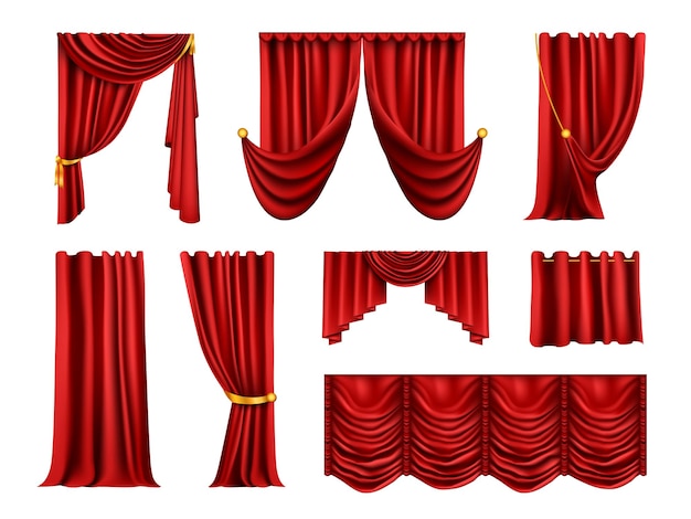 Bezpłatny wektor realistyczne zasłony draperie ustawione z pustym tłem i pojedyncze obrazy czerwonych zasłon ze złotymi wstążkami ilustracji wektorowych