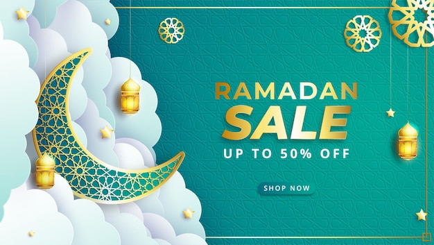 Realistyczny baner sprzedaży ramadan kareem z półksiężycem latarni i ramką rabatową