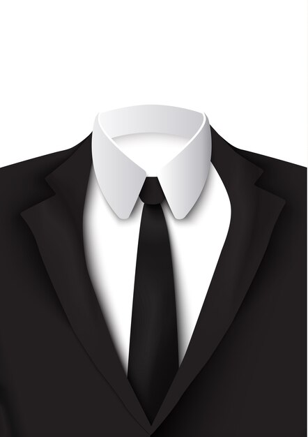 Realistyczny czarny garnitur na białym tle z bawełnianą koszulą, surowym i eleganckim krawatem w kolorze izolowanej marynarki