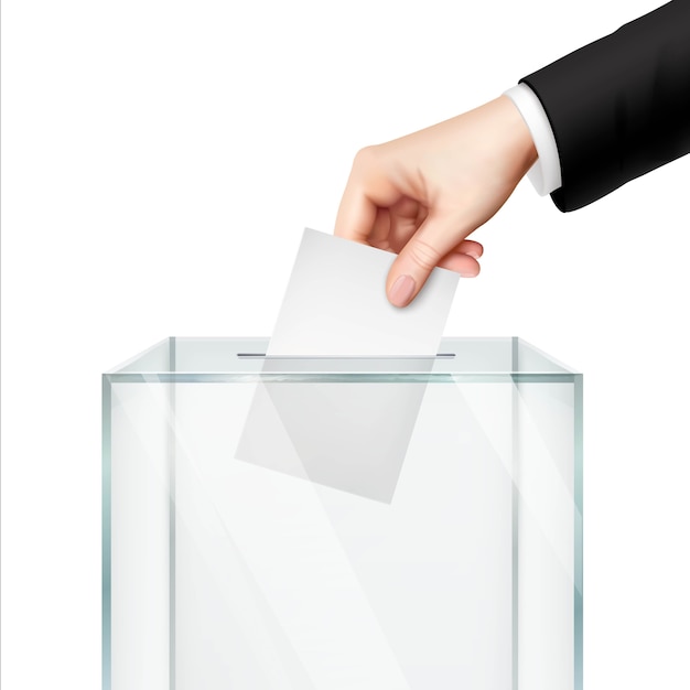 Bezpłatny wektor realistyczny głosowania pojęcie z ręki kładzenia głosowania papierem w tajnego głosowania pudełku